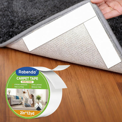 Rabenda Double-Sided Carpet Tape - 2 Inch x 12 Yards Removable Rug Tape for Hardwood & Tile Floors - No Residue Anti-Slip Gripper