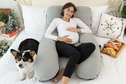 Meiz Pregnancy Pillow - Full Body Cooling Pillow with Reversible Jersey & Velvet Covers | Blue & Grey