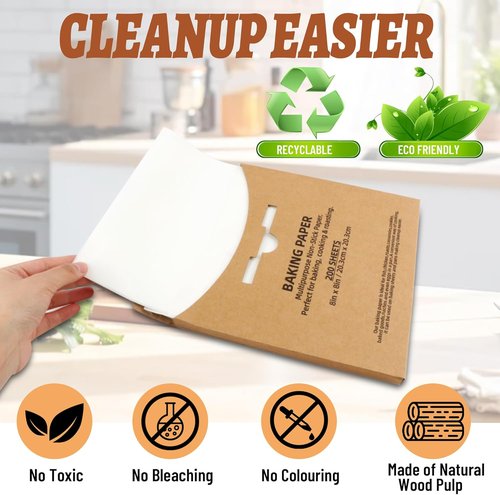 200 Pcs Skiennix 8x8 Inch Parchment Paper Sheets - Food Grade Non-Stick Baking Liners for Cake Pans & Air Fryers
