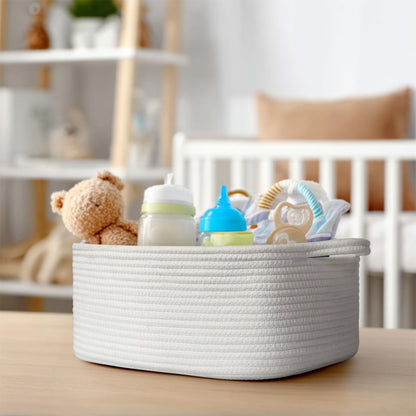 WILLITAT Cute White Woven Basket, Empty Gift Basket for Christmas, Thanksgiving, Easter, Birthday, Cotton Rope Storage Bin with Handle for Gifts, Toy, Blanket, Cat Dog Toy Box, Baby Nursery Organizer