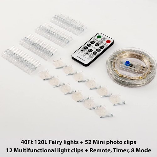 HXWEIYE 120LED Multicolor Photo Clips String Light - 40Ft USB Powered Fairy Lights with 52 Clips & 12 Hooks