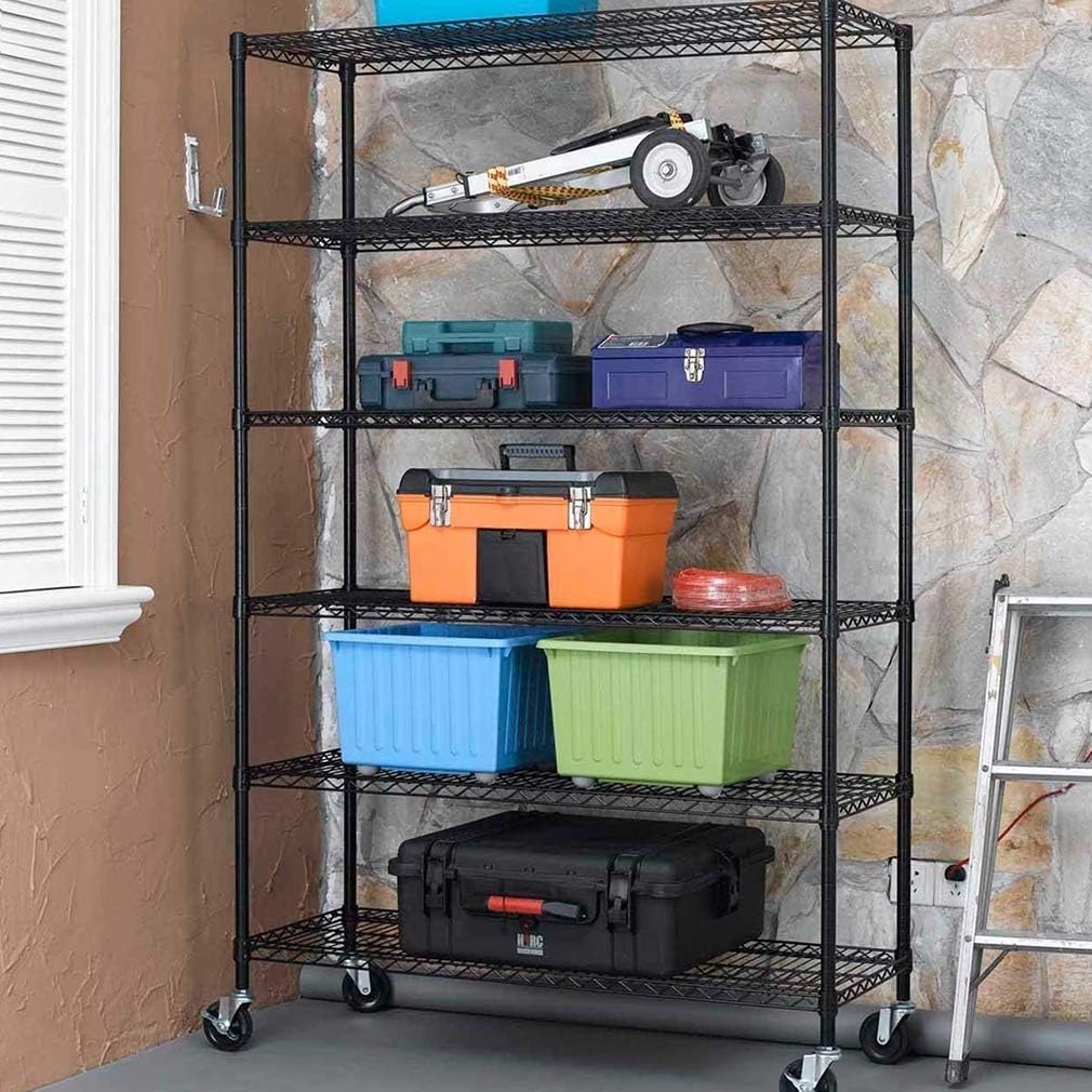 BestOffice 6-Tier Wire Storage Shelves with Wheels - Heavy-Duty Metal, Adjustable, 18x48x78, Black | Easy No-Tool Assembly, Holds Up to 600 lbs