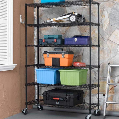 BestOffice 6-Tier Wire Storage Shelves with Wheels - Heavy-Duty Metal, Adjustable, 18x48x78, Black | Easy No-Tool Assembly, Holds Up to 600 lbs