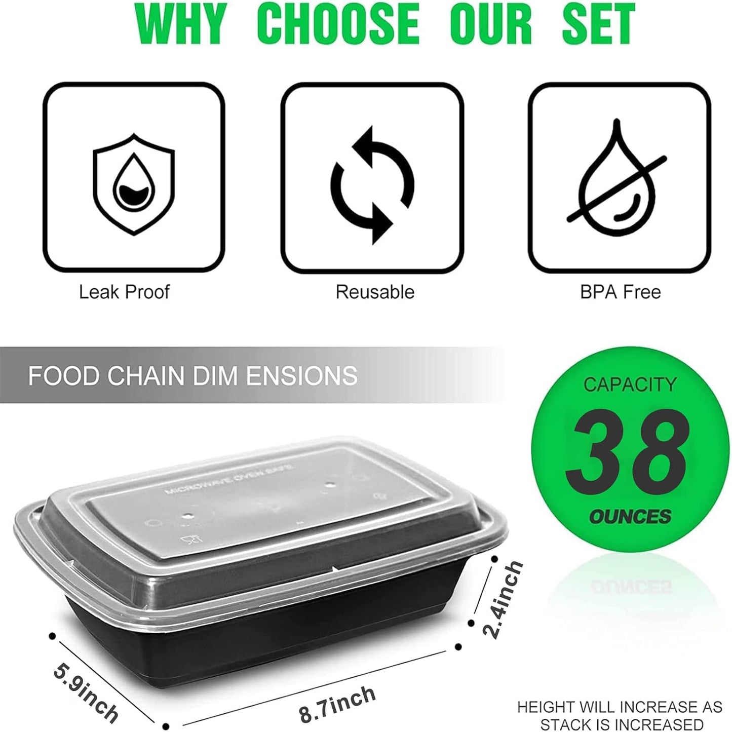 WGCC Meal Prep Containers - 38oz Reusable Plastic Food Storage with Lids | 10-Pack, BPA-Free, Microwave Safe