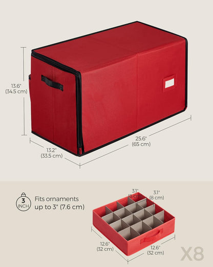 SONGMICS Christmas Ornament Storage Box - Stackable Container with 128 Slots & Lid - Cherry Red, 600D Oxford