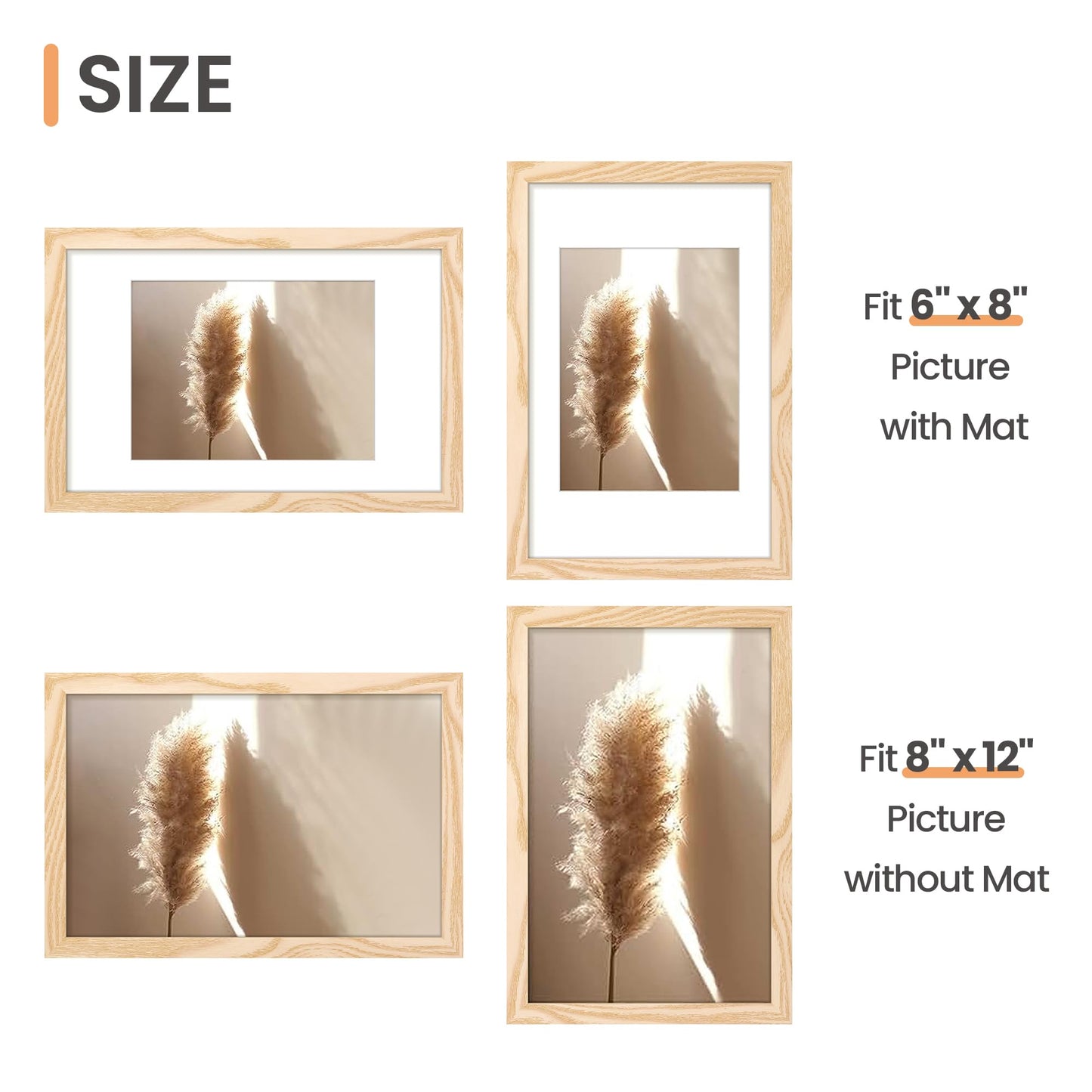 upsimples 8x12 Picture Frame, Display Pictures 6x8 with Mat or 8 x 12 Without, Wall Hanging Photo Frames, Natural, 1 Pack