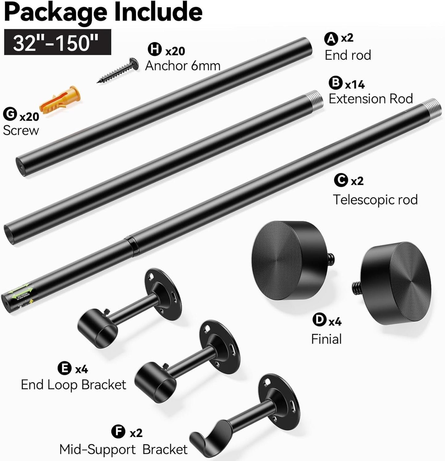 YaFex Heavy Duty Curtain Rods - Adjustable 32-150 Inch, Black Finish with Aluminium Finials | Easy Installation