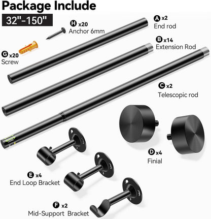 YaFex Heavy Duty Curtain Rods - Adjustable 32-150 Inch, Black Finish with Aluminium Finials | Easy Installation