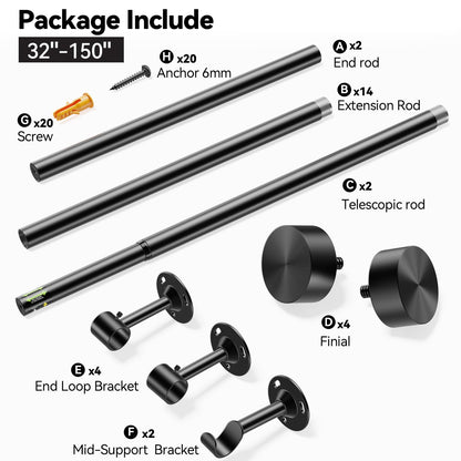YaFex 2 Pack Heavy Duty Curtain Rods 32-150 Inch, 1 Inch Adjustable Black Curtain Rod for Windows, Extra Long Window Treatment Rods with Aluminium Finials, Easy Installation