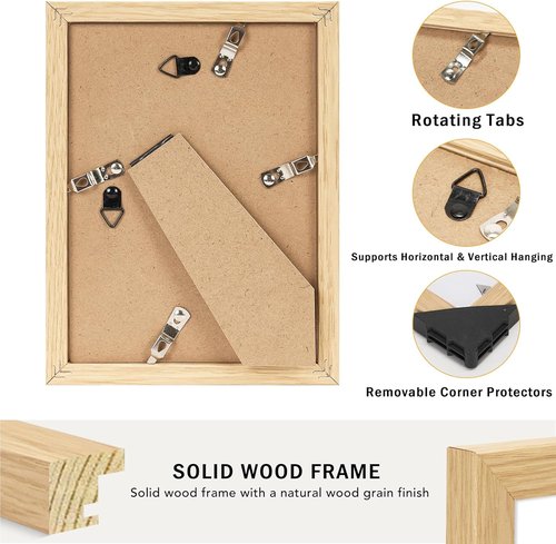 JCJMY 5x7 Solid Wood Picture Frame Set - Display 4x6 with Mat or 5x7 Without Mat, Natural Finish, 2 Pack