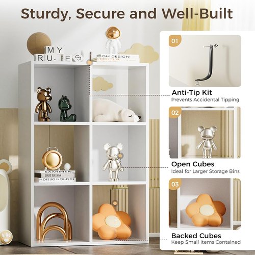 COMHOMA 6-Cube Storage Organizer - Versatile Open Back Design | 11-Inch White Bookshelf for Home & Office