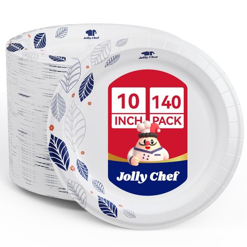 JOLLY CHEF 140 Count Paper Plates 10 inch Soak Proof, Cut Proof, Heavy Duty Leaf Printed Disposable Paper Plates for Everyday Use
