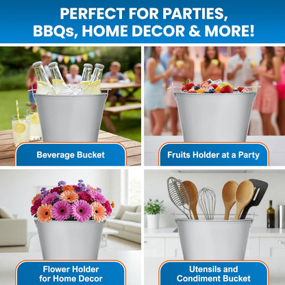 PLEXON Ice Bucket for Parties Coctail Bar Restaurant - Drink Beer Champagne Metal Pail Bucket with Handle, Beverage Chiller, 1.3 Gallon, Galvanized Steel, Gray, Set of 2