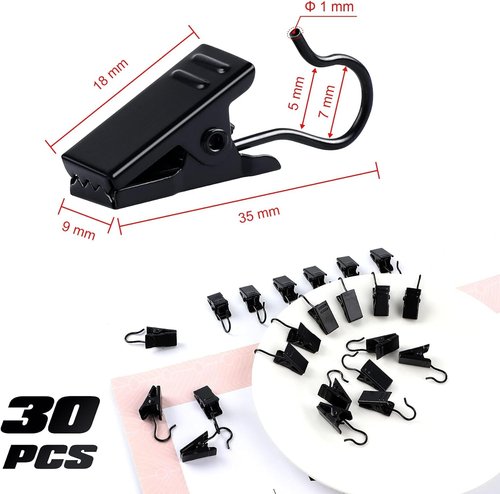 JANYUN Heavy-Duty Metal Curtain Clips - 30 Pack Small Hook Clips for Home Decor | Black