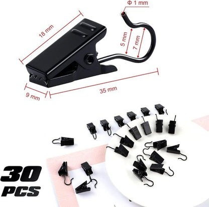 JANYUN Heavy-Duty Metal Curtain Clips - 30 Pack Small Hook Clips for Home Decor | Black