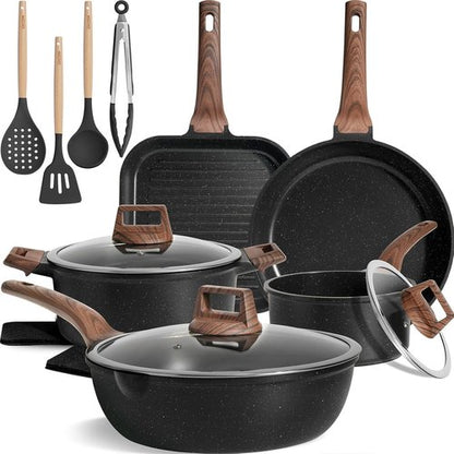 Kikcoin Non-Stick Ceramic Pots and Pans Set - 16 Pieces Induction Cookware Set | Black, Stackable & Safe