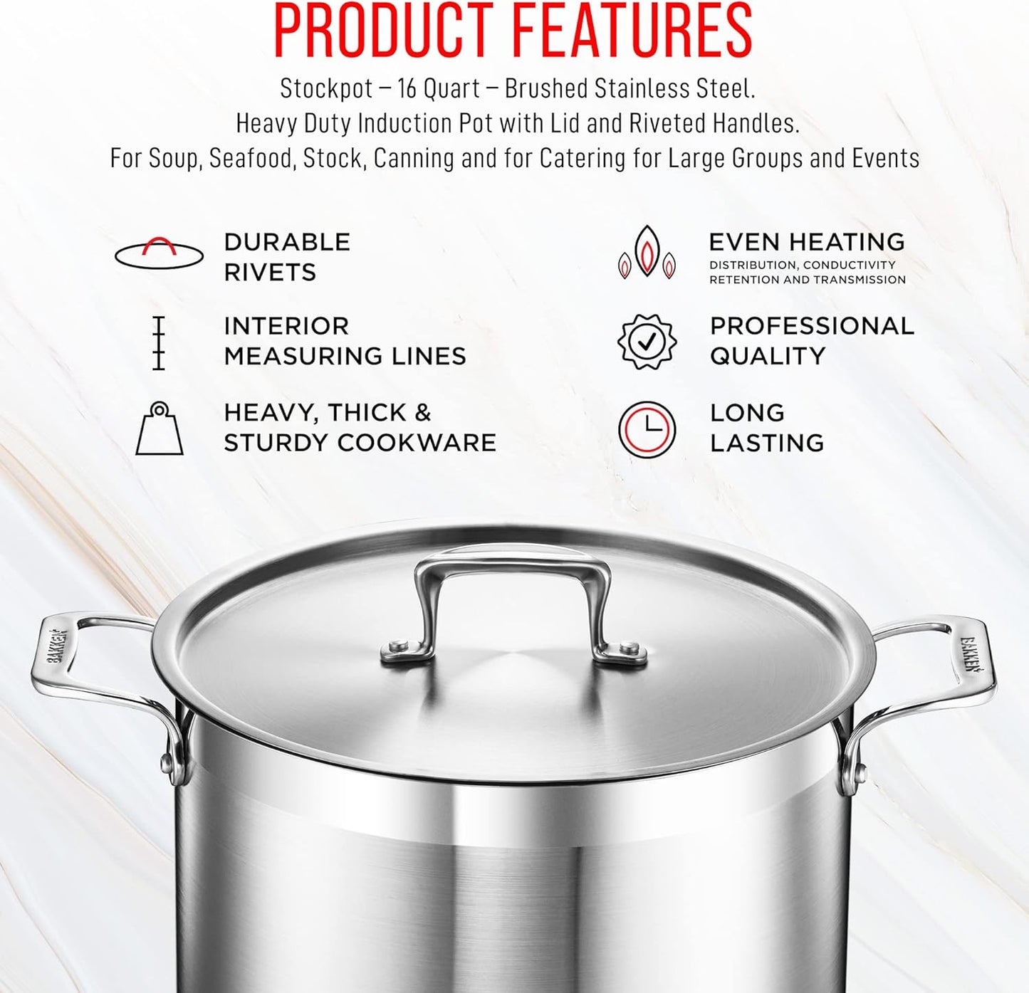 Stainless Steel Stockpot - 16 Quart Durable 18/8 Steel with Impact-Bonded Base & Riveted Handles