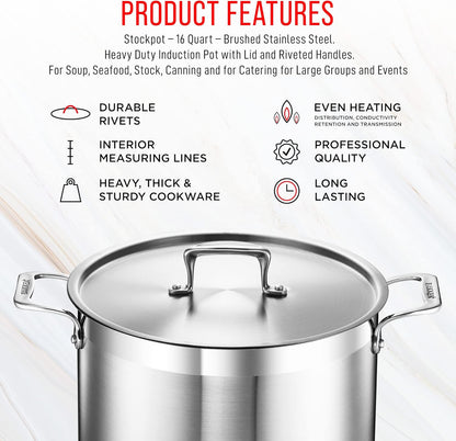 Stainless Steel Stockpot - 16 Quart Durable 18/8 Steel with Impact-Bonded Base & Riveted Handles