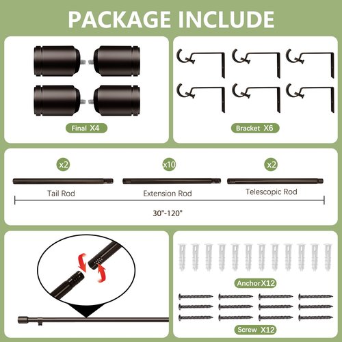 5/8” Diameter Curtain Rods 30-120 Inch, for 30-114 Inch Windows, Adjustable Splicing Antique Bronze Curtain Rods for Windows with Brackets, Window Rod Long Small Curtains Rod, 2 Pack