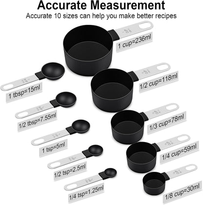 Skiennix Measuring Cups and Spoons Set - 10-Piece Nesting Kitchen Tools with Stainless Steel Handles | Black