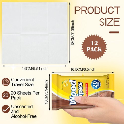 Heigble 12 Pcs Care Wood Surfaces Wipes 240 Count Furniture Polish Cleaner Shines and Protects Wipe Lemon Scent Floor Wipes for Kitchen Bathroom Furniture Wood Floors Cabinet Cleaning