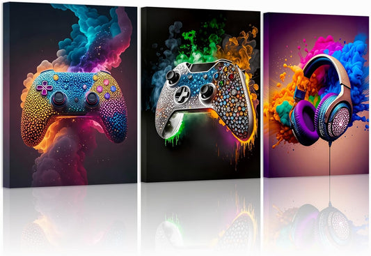 SEHSUVC Gaming Room Canvas Wall Art - Set of 3 Gamer Posters | Framed 12x16 In Pictures for Boys' Rooms