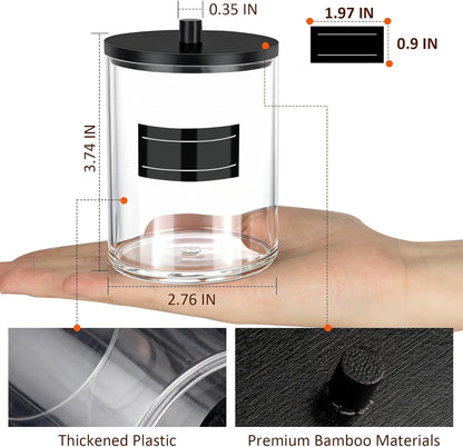 Skiennix Acrylic Qtip Holder Set - 4 Pack Clear Bathroom Canisters with Labels for Organized Vanity Storage