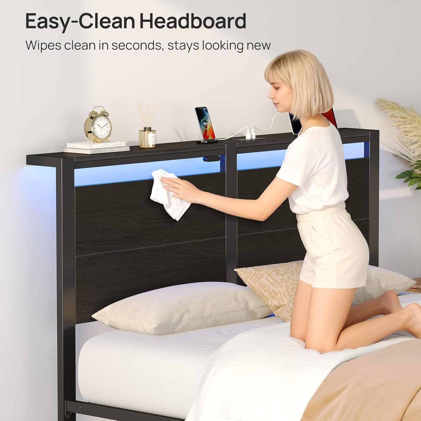 Rolanstar Queen Bed Frame - LED Headboard with Charging Station | Noise-Free, Black Oak Design