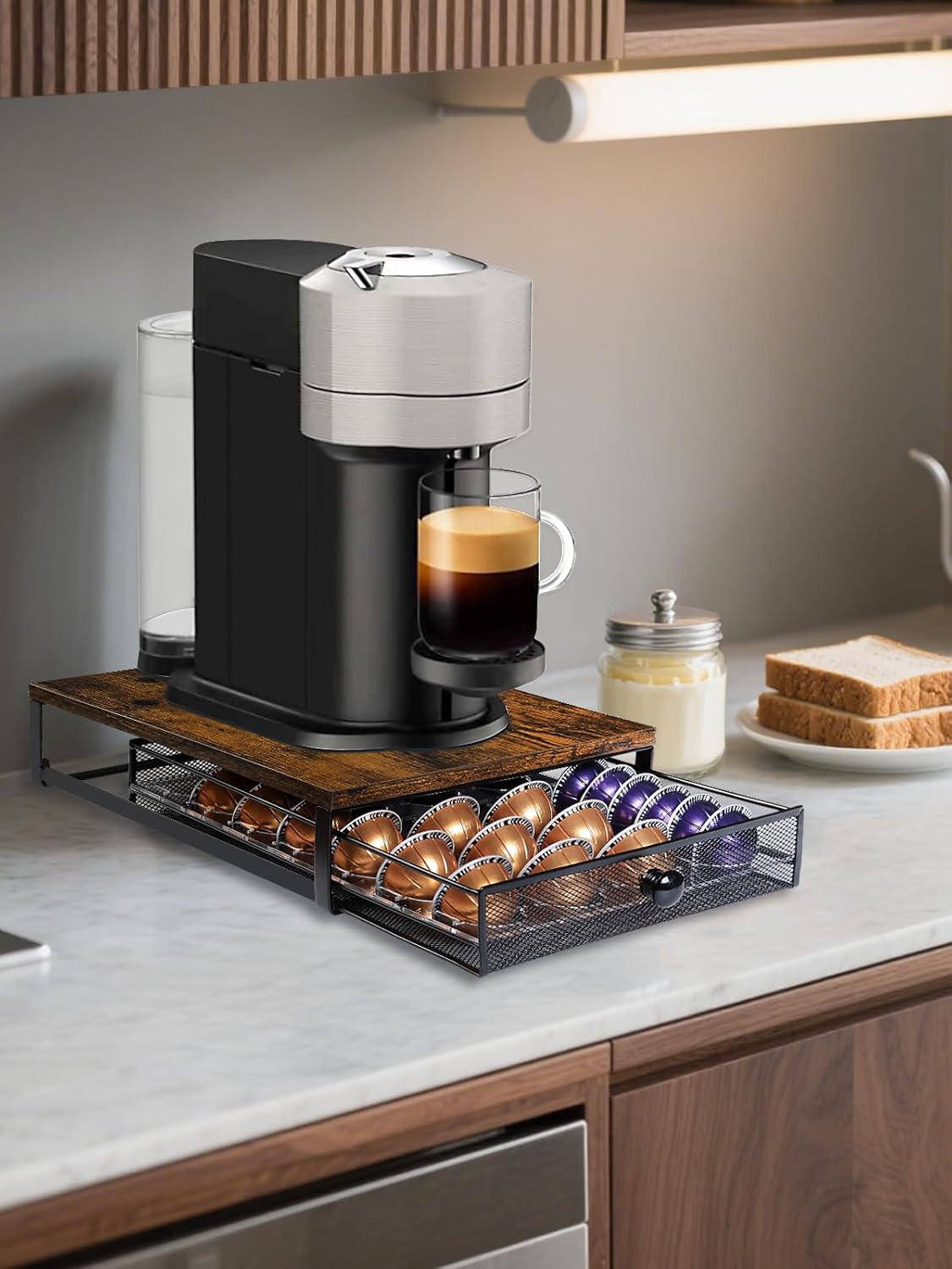 Sedegn Coffee Pod Holder - Vertuo Capsules Storage Organizer with Sliding Drawer | Holds 56 Small or 28 Big Pods - Rustic Brown