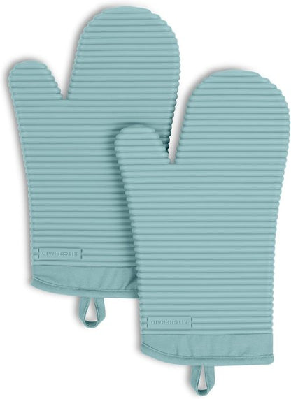 KitchenAid Ribbed Soft Silicone Oven Mitts - 2-Pack Set, 7.5"x13", Mineral Water Aqua