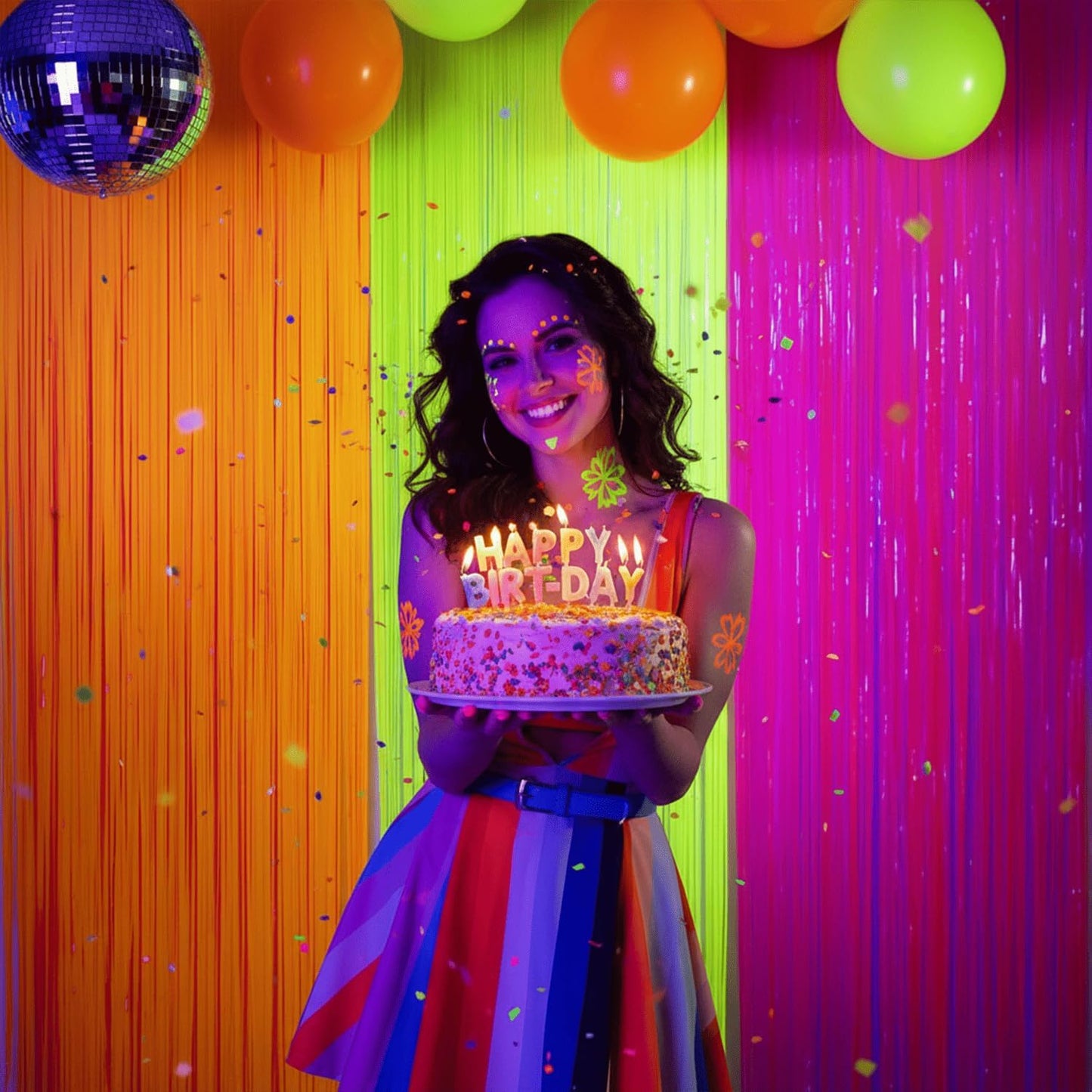 Mega-L Glow In The Dark Party Supplies - 3 Pack Neon Tinsel Foil Fringe Curtains | 9.9 x 6.6 ft Backdrop for Birthday & New Year's Eve Celebrations