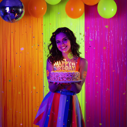 Mega-L Glow In The Dark Party Supplies - 3 Pack Neon Tinsel Foil Fringe Curtains | 9.9 x 6.6 ft Backdrop for Birthday & New Year's Eve Celebrations