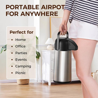 Coffee Carafe for Keeping Hot - 85OZ / 2.5L Airpot Coffee Dispenser with Pump - Large Coffee Thermos for Hot Drinks Tea Liquid - Insulated Stainless Steel Hot Water Beverage Dispenser Urn for Parties