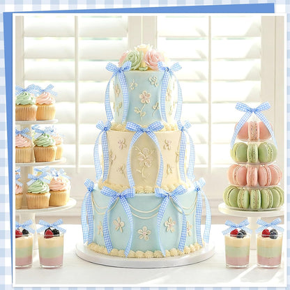 Skiennix 30 Pack Bow Cake Toppers - Blue Gingham Ribbons for Birthday & Baby Shower Decor