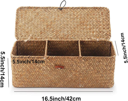 Seagrass Tank Basket - Woven Storage Basket with Lid for Organizing Snacks & Toys | Large 16.5" L x 5.5" W x 5.5" H
