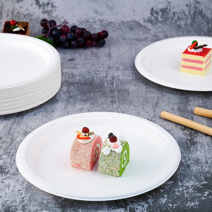 Vplus Compostable Disposable Paper Plates - Super Strong 10.25 Inch, 100% Biodegradable Sugarcane (White)