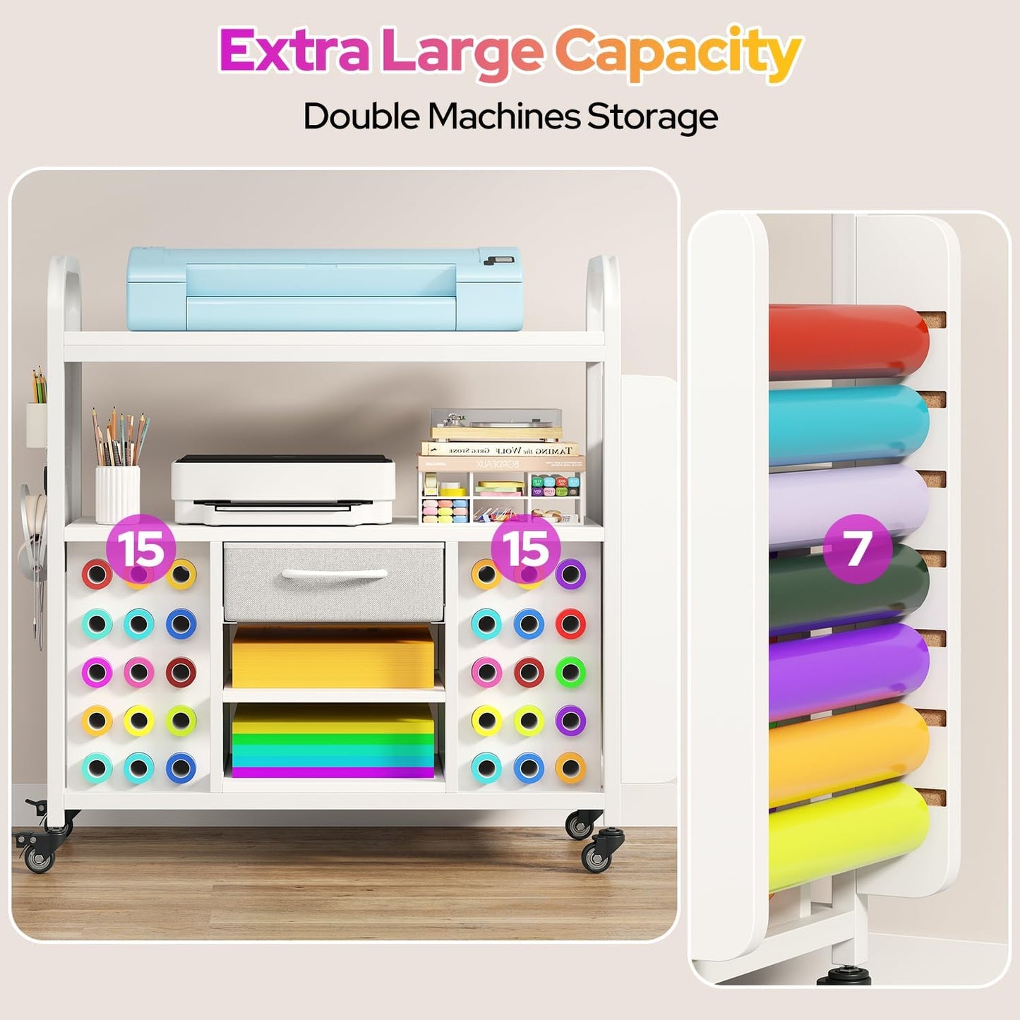 Skiennix Craft Organization Cart - Rolling Storage Table with Vinyl Roll Holder & Drawer | Large, Versatile Design