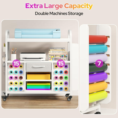 Skiennix Craft Organization Cart - Rolling Storage Table with Vinyl Roll Holder & Drawer | Large, Versatile Design