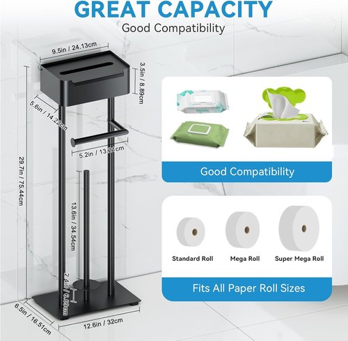 Free Standing Toilet Paper Holder by [Brand Name] - Stylish Bathroom Organizer with Shelf for 4 Rolls - 29.7” x 12.6” (Matte Black)
