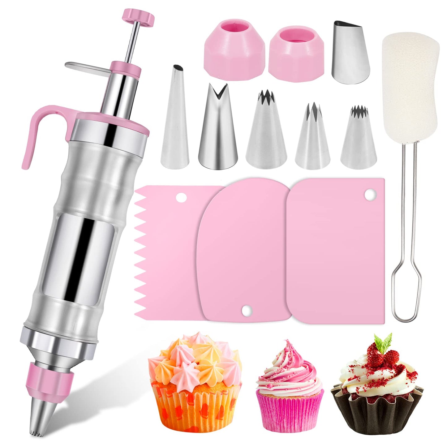 Icing Decoration Gun Set Cake Decorating Tools Dessert Decorator Syringe 6 Russian Piping Icing Nozzles 3 Cream Scraper Stainless Steel Cupcake Frosting Filling Injector Cake Icing Tool(Pink)