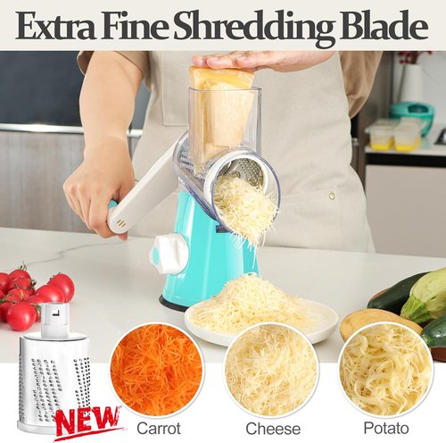 Cambom Rotary Cheese Grater - Hand Crank Shredder for Fresh Cheese, Veggies & Nuts | Non-Slip Base, 5 Blades, Blue