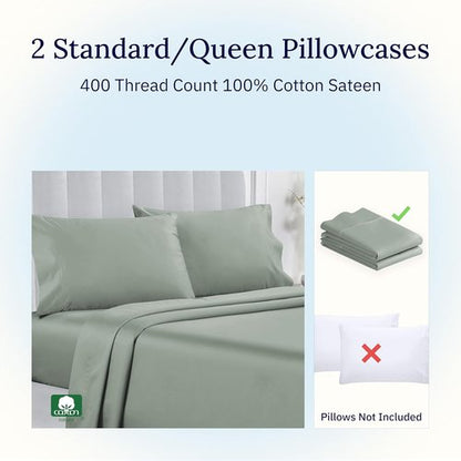 California Design Den Pillowcase Set | 400 Thread Count 100% Cotton Sateen | Soft & Breathable | Queen Size - Sage Green