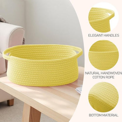 JMvicyroam Woven Storage Baskets - Small Rope Bins with Handles for Organizing Shelves | Yellow, 3-Pack