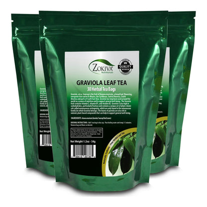 Zokiva Nutritionals - Graviola Soursop Tea 3-Pack 90 Leaf Tea Bags - Guanabana - Annona Muricata Leaves - A Natural Caffeine - Free Bioavailable Superfood Rich In Powerful Antioxidants - In Zip Pouch