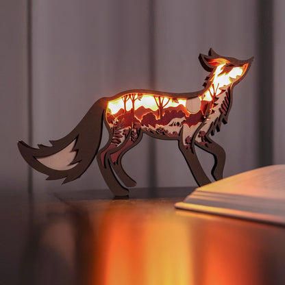 3D Wooden Animals Carving LED Night Light, Wood Carved Lamp Modern Festival Decoration Home Decor Desktop Desk Table Living Room Bedroom Office Farmhouse Shelf Statues Perfect Gifts (Long-Tailed Fox)