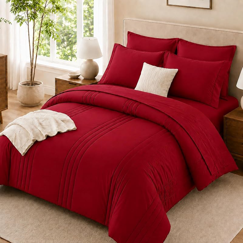 Full Size Comforter Set in Red - 7 Pieces Bed in a Bag (Variation: Red+Full)