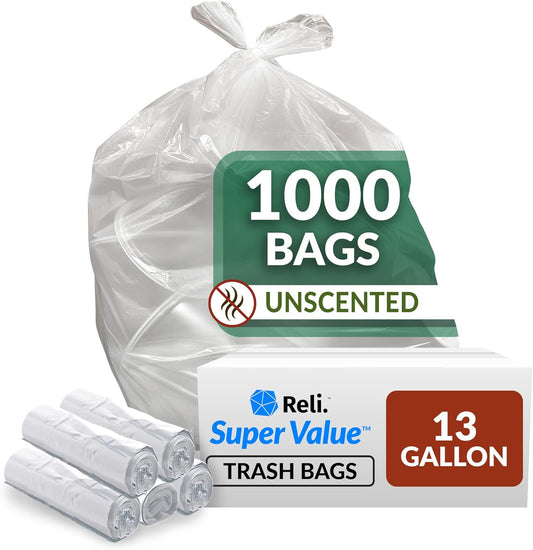 Reli. SuperValue 13 Gallon Trash Bags - 1000 Count Bulk | Tall Kitchen Can Liners | Clear Multi-Use Bags