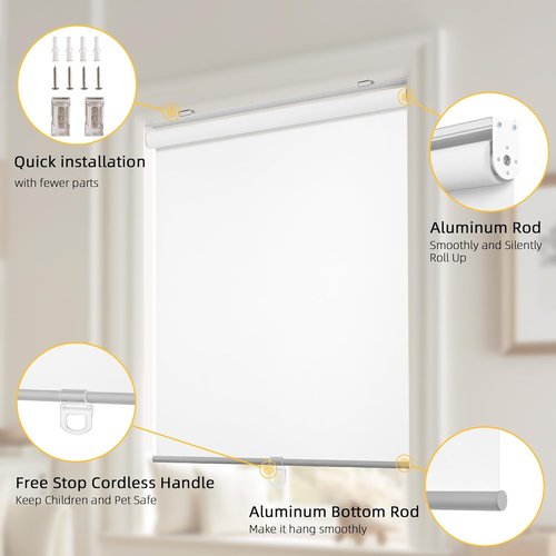ChrisDowa Cordless 100% Blackout Roller Blinds - Thermal Insulated UV Protection | White, 31" W X 72" H