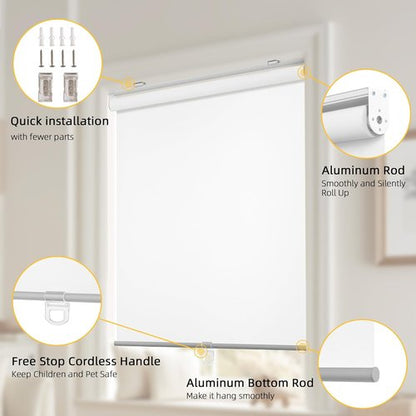 ChrisDowa Cordless 100% Blackout Roller Blinds - Thermal Insulated UV Protection | White, 31" W X 72" H