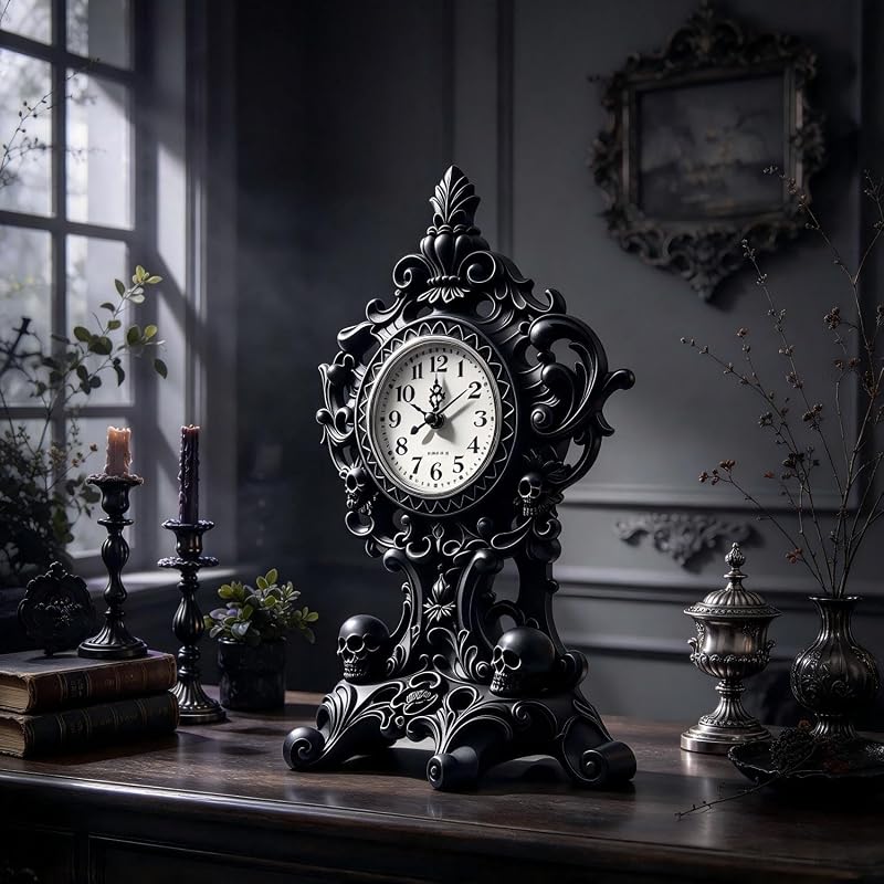 Halloween Skull Wall Clock - Resin Skeleton Tabletop Clock, Black Variant